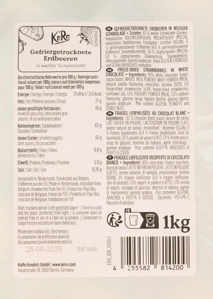 KoRo - Fragole liofilizzate al cioccolato bianco 1 kg - Il cioccolato incontra la frutta - Spuntino ideale - Croccanti e golose