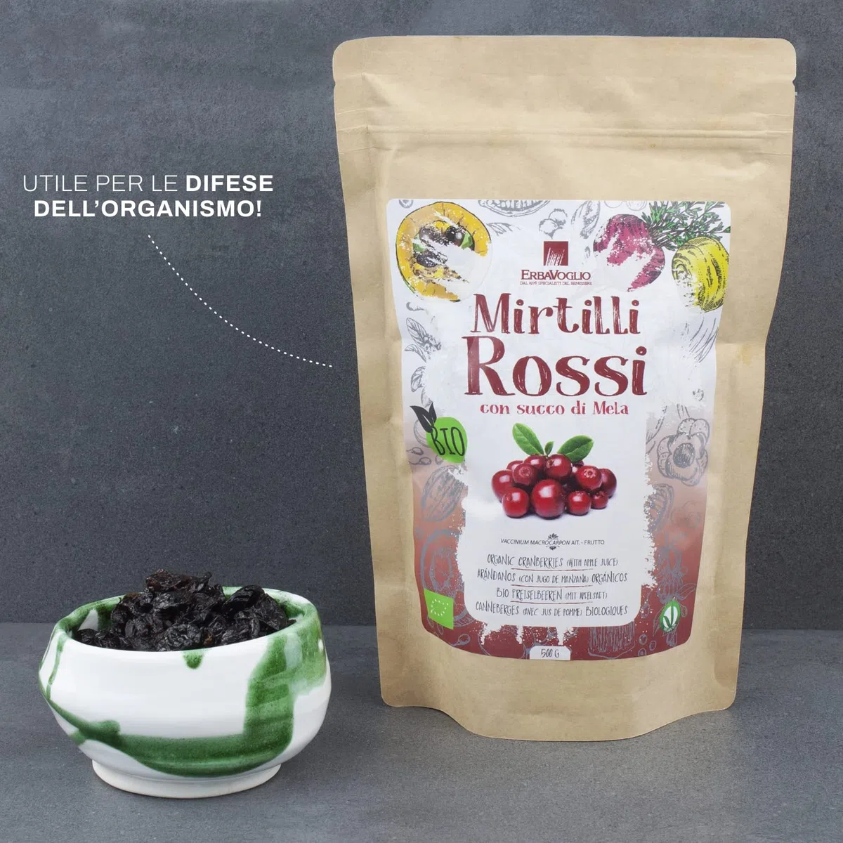 Erbavoglio Mirtilli Rossi Bio - 500 g - Alimento biologico - Antiossidanti protettivi per vie urinarie, infiammazione, cuore e difese naturali.