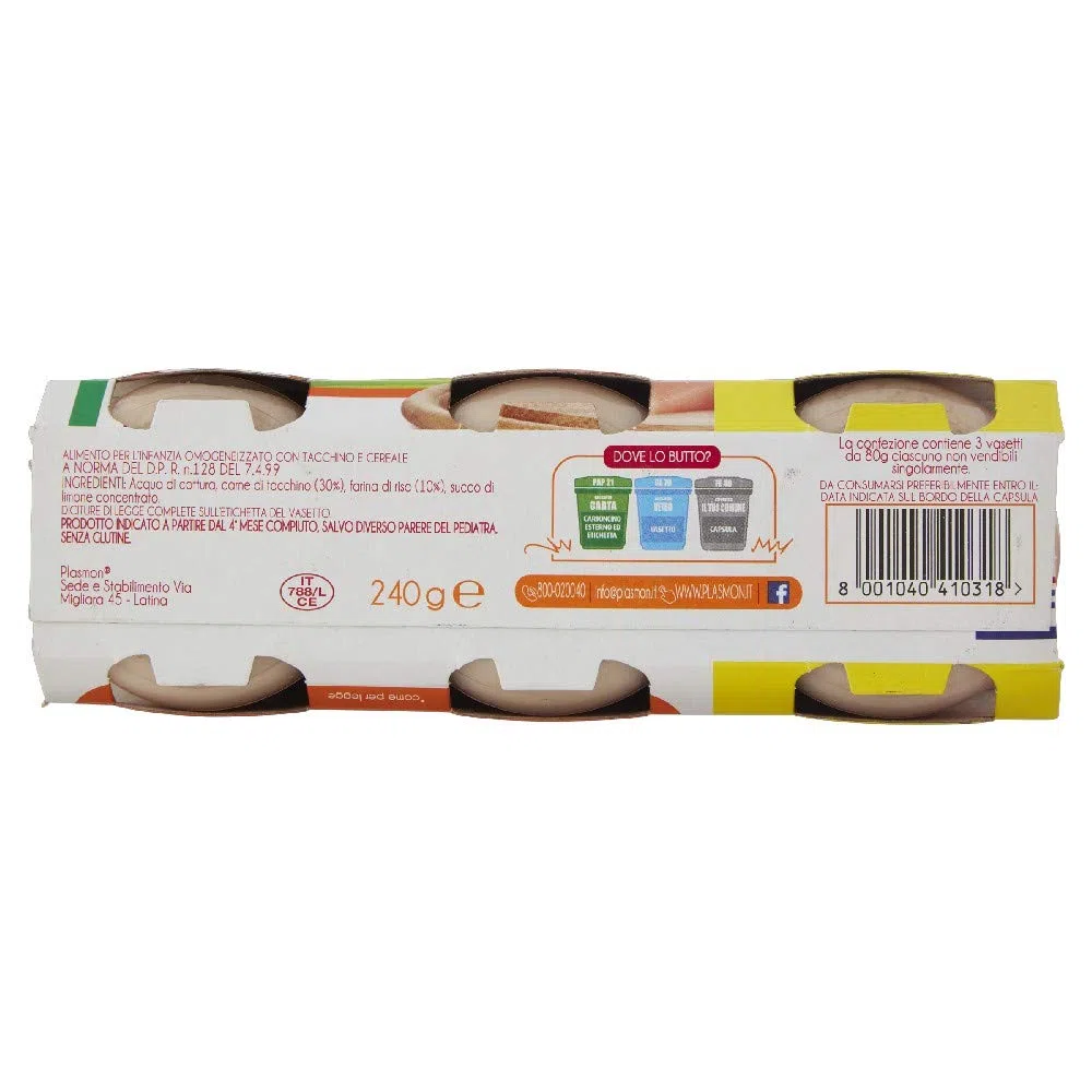 Plasmon Omogeneizzato di Tacchino, Confezione da 3x80g - Totale 240 gr
