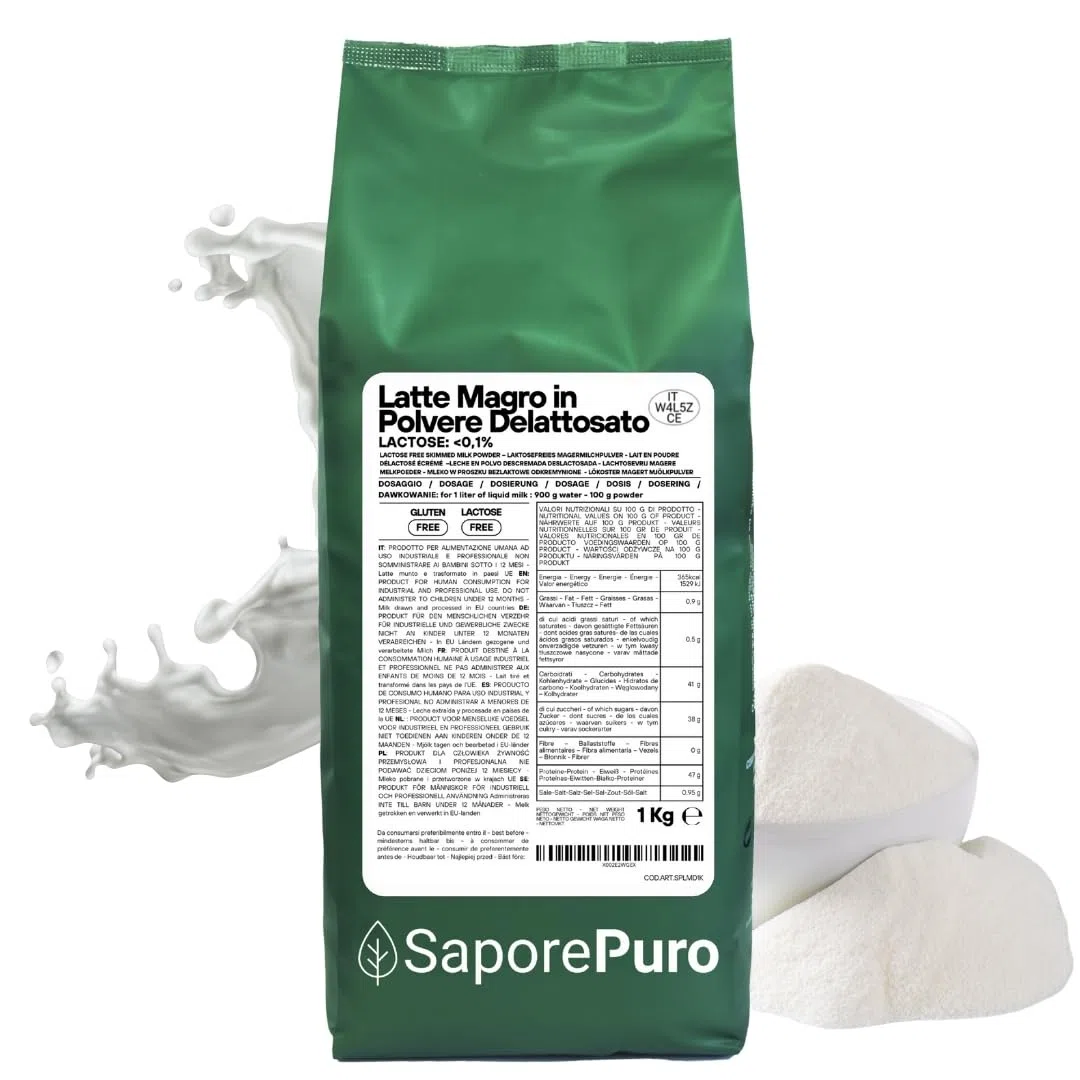 SaporePuro Latte Magro Delattosato in Polvere 1 kg – Latte per Alimentazione Umana | Ideale per Dolci, Pane e Gelato Artigianale | Uso Professionale e Industriale | Senza Lattosio | Senza Glutine