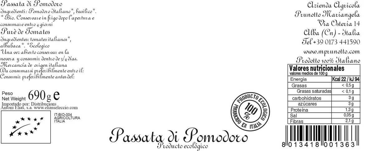 Azienda Agricola Prunotto Mariangela Passata di Pomodoro Biologica - 690 gr, Confezione da 6 bottiglie
