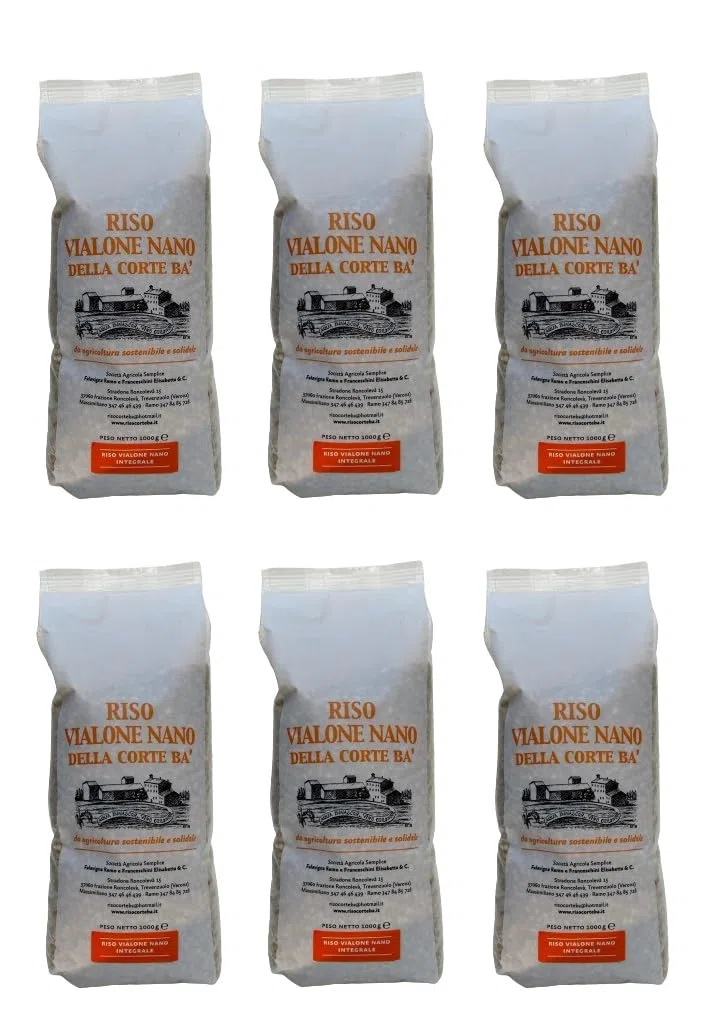Riso Vialone Nano Integrale Italiano, naturalmente senza glutine, ricco di fibre, confezione atmosfera protettiva, pack 6 x 1 kg