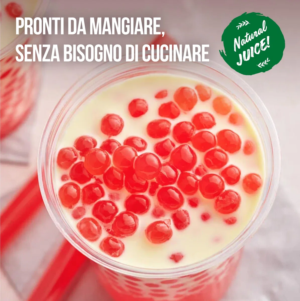 POPPING BOBA SET per Bubble Tea - 1x Popping Boba alla Fragola 450 g, 1x verde Sciroppo di frutta alla Mela verde 300ml & 2x Canucce - nessun colorante artificiale, 100% vegan e senza glutine