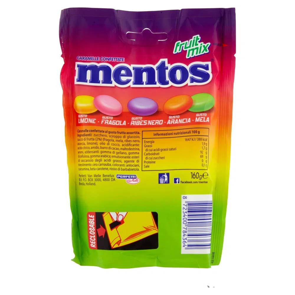 Mentos Fruit Mix, Caramelle Confettate, Gusto Limone, Fragola, Ribes Nero, Arancia, Mela Verde, Confenzione con 7 Buste Richiudibili, Formato Pratico e Comodo da portare Sempre con Te