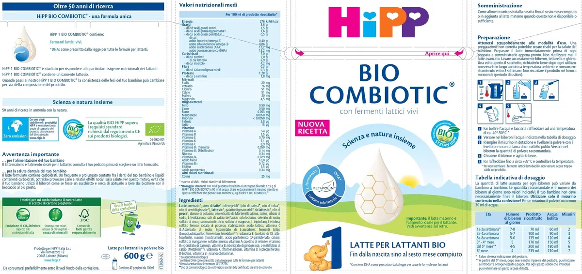 HiPP Combiotic 1 Latte In Polvere Per Lattanti Biologico Sin Dalla Nascita, 600g