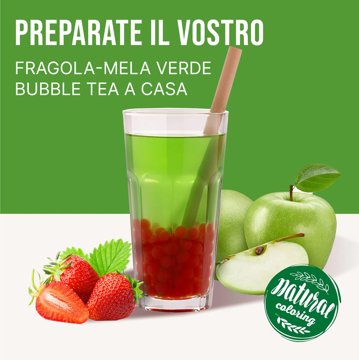 POPPING BOBA SET per Bubble Tea - 1x Popping Boba alla Fragola 450 g, 1x verde Sciroppo di frutta alla Mela verde 300ml & 2x Canucce - nessun colorante artificiale, 100% vegan e senza glutine