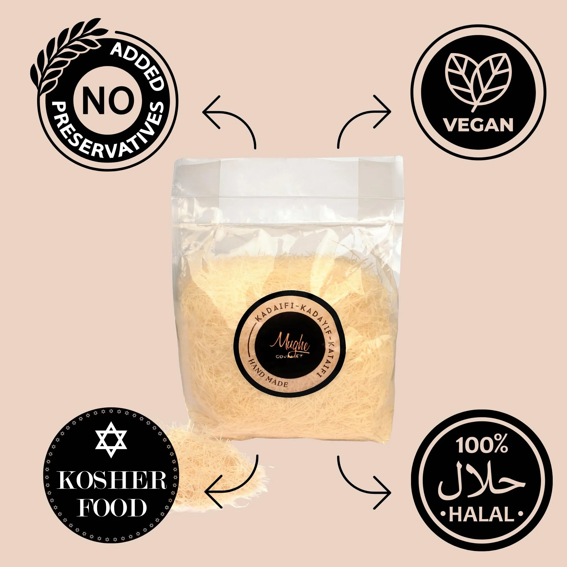 Mughe Gourmet - Pasta Kataifi Premium Essiccata e Tritata - Kurutulmuş Kadayif Hamuru - Ingrediente per Baklava, Kunafa e Barretta al Cioccolato e Pistacchio di Dubai, 400g