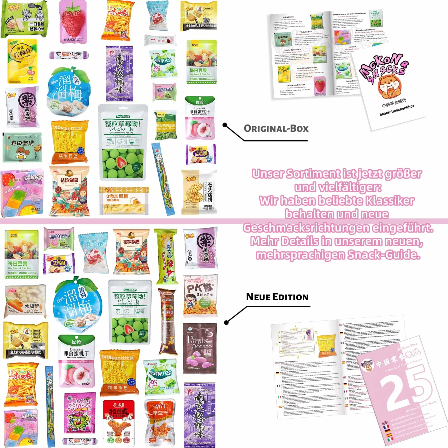 Snack Cinesi Mix con 25 Tipi - Scatola Regalo XXL: Biscotti, Cioccolato, Caramelle, Frutta Candita -Dolci e deliziose prelibatezze dalla Cina-Per bambini, adulti - compleanno, Festa Del Papà