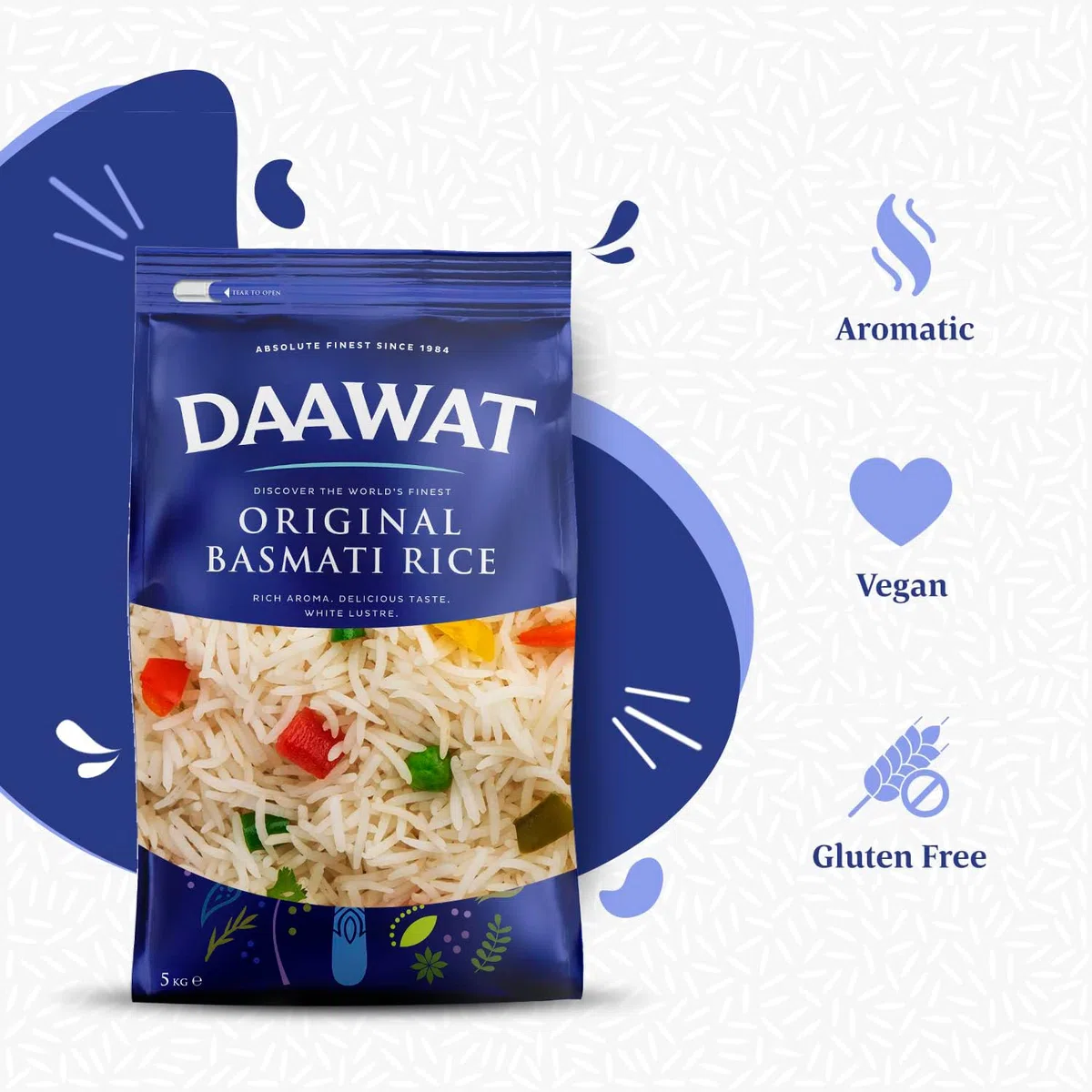 Daawat Original Basmati Rice with Rice Aroma, Delicious Taste, White Lustre, Perfectly Aged, Aromatic & Textural Grain, Rich Flavour with Sweet Taste, Ideal for All Types of Dishes - 5 kg