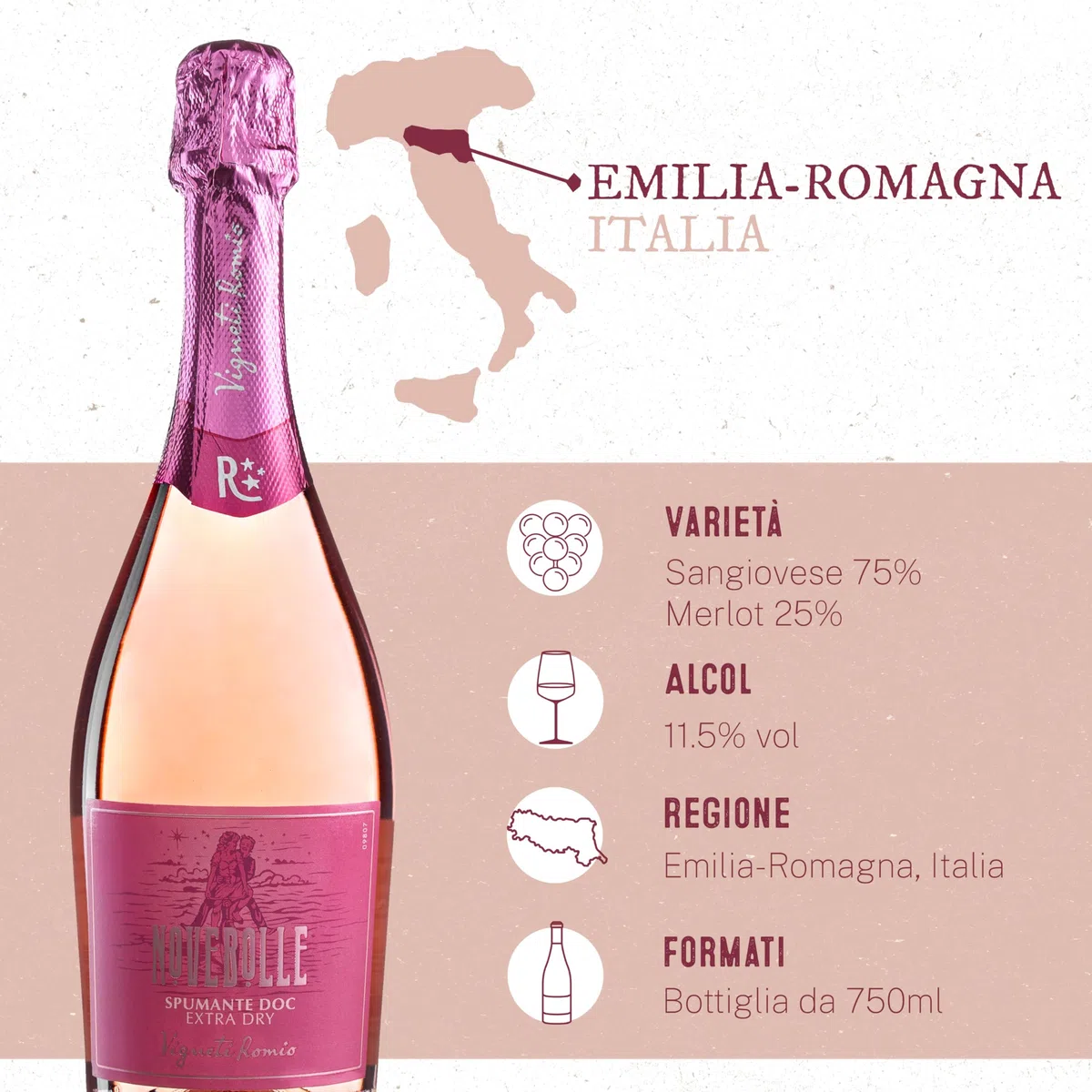 Vigneti Romio Vino Spumante Rosato Novebolle Romagna DOC, 11.5 % Vol, Confezione con 6 Bottiglie da 750 ml