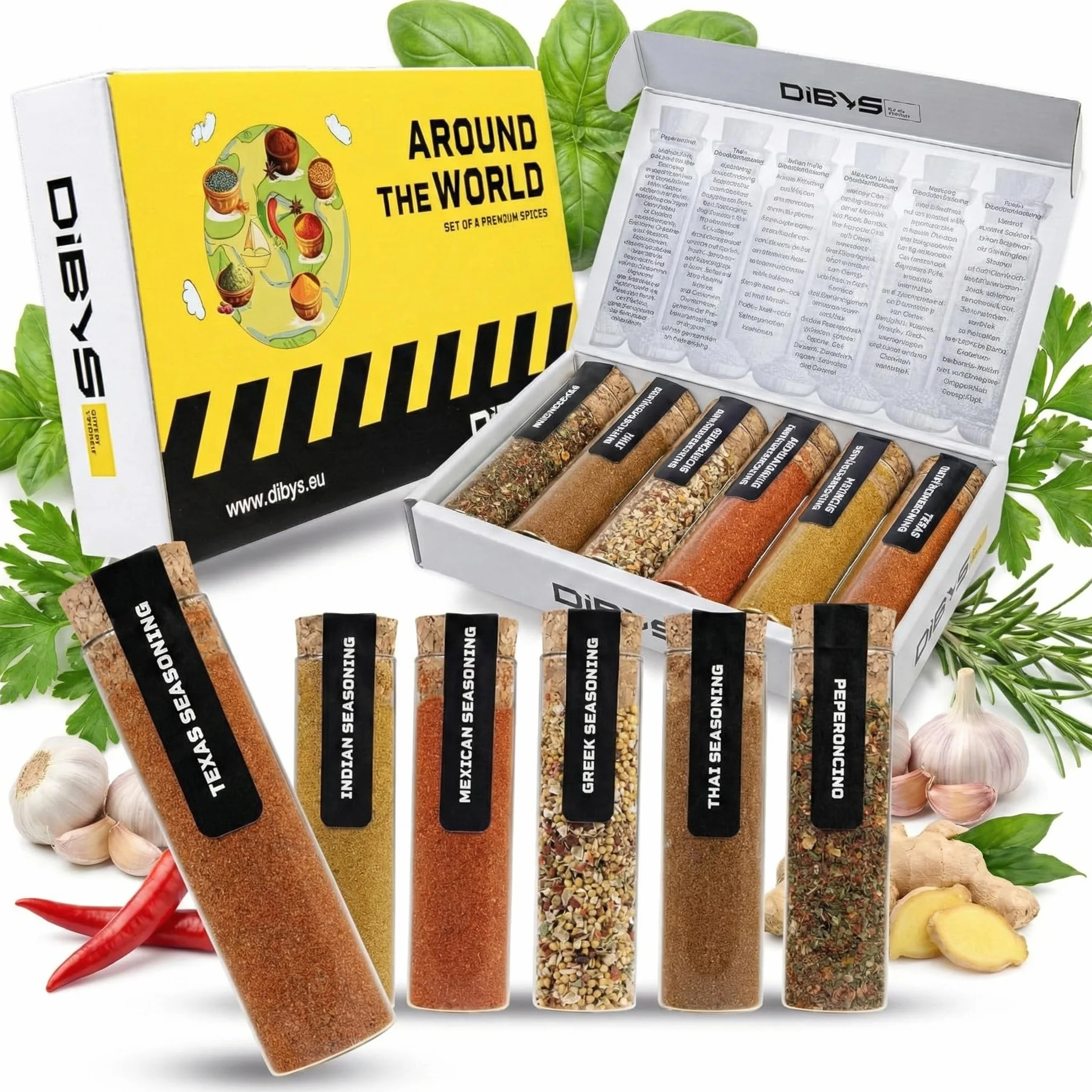 DIBYS Set Regalo di Spezie da Tutto il Mondo | 6 Eccezionali Mischioni di Spezie con Ricette Incluse | Confezione Regalo di Spezie | Regali per Gourmet e Appassionati di Cucina