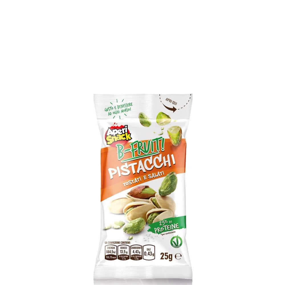 Aperisnack B-Fruit - AP13.041.16 - Box 40 Snack Monodose – Pistacchi in guscio Tostati e Salati – Frutta Secca 100% Naturale – 40 monoporzioni x 25 g