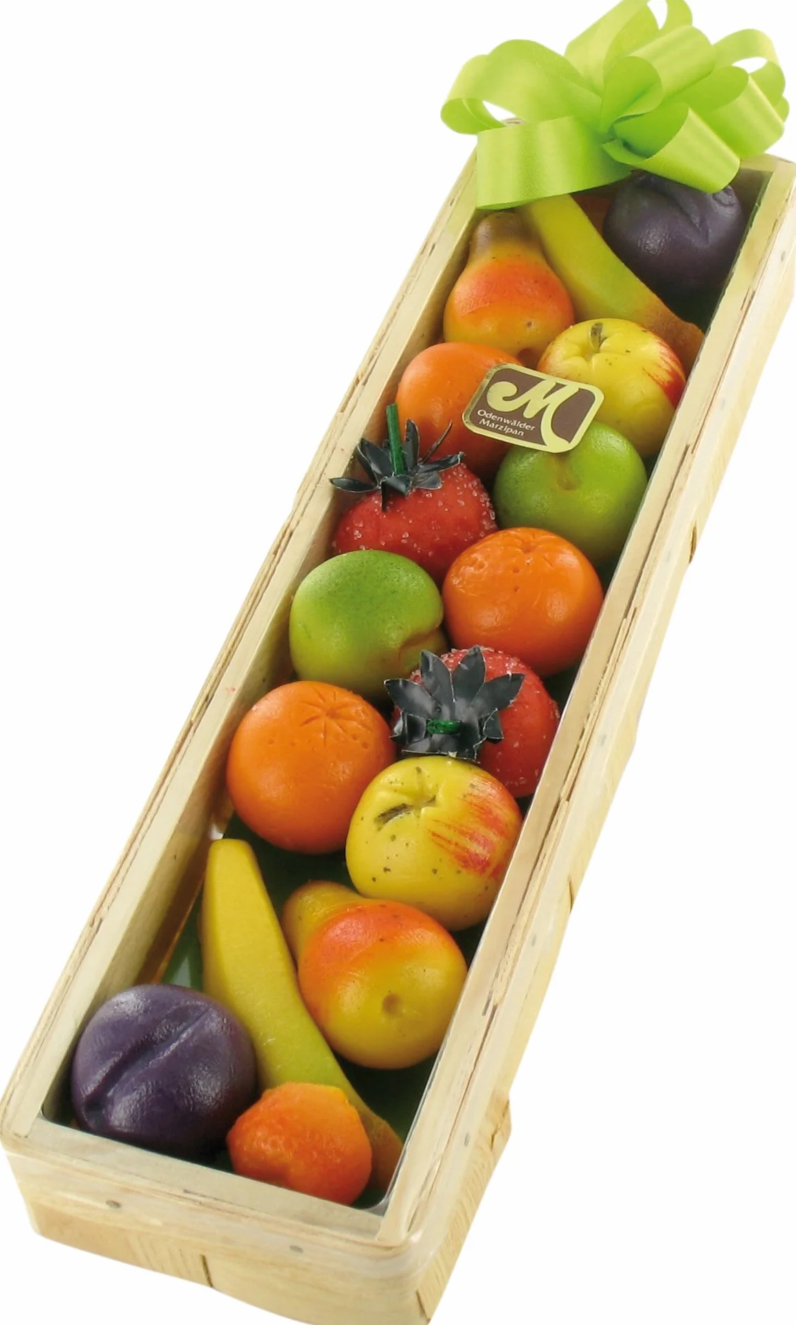 Cesto regalo di frutta di marzapane Odenwald in una scatola di legno da 225 g. Contiene 15 g di frutta: banane, fragole, pere, arance, prugne Mirabelle, mele, prugne.