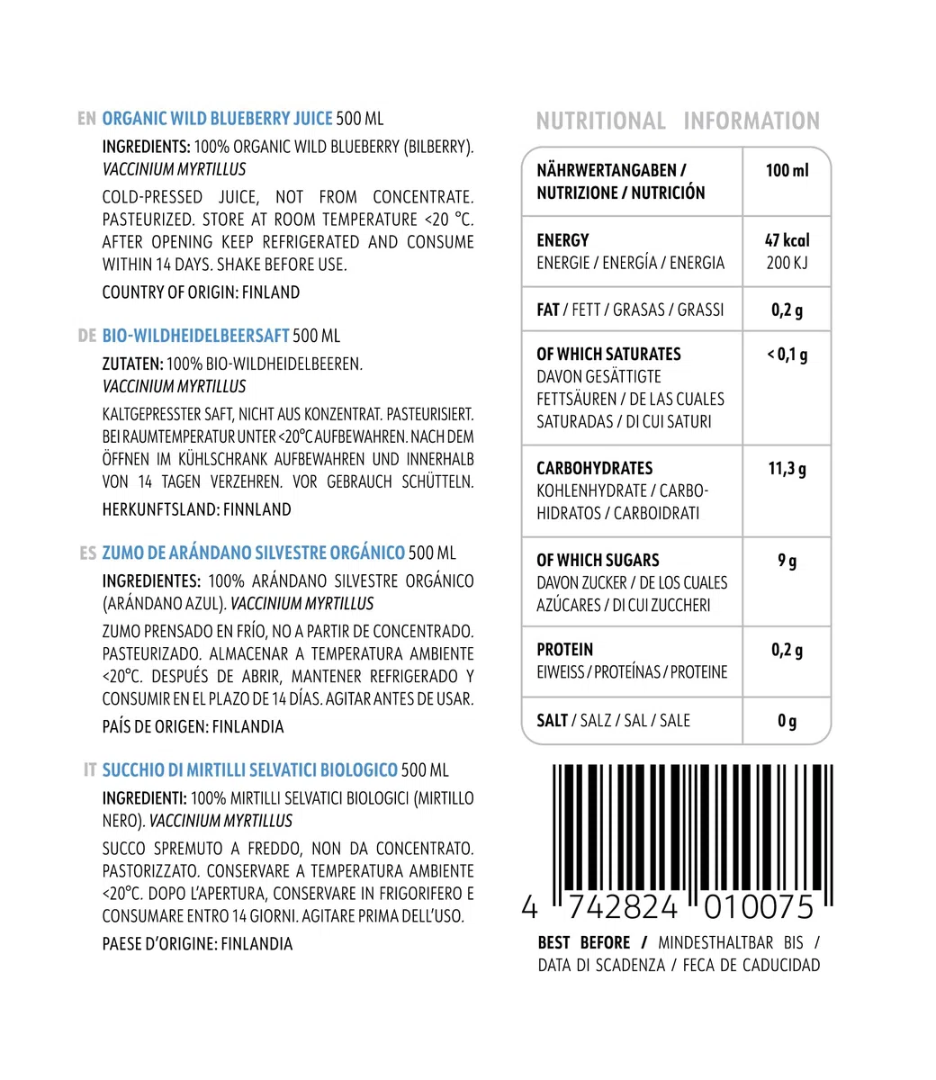 LOOV succo di mirtilli selvatici biologici, 500 ml, ricco di antiossidanti, nessuna aggiunta di acqua o zucchero