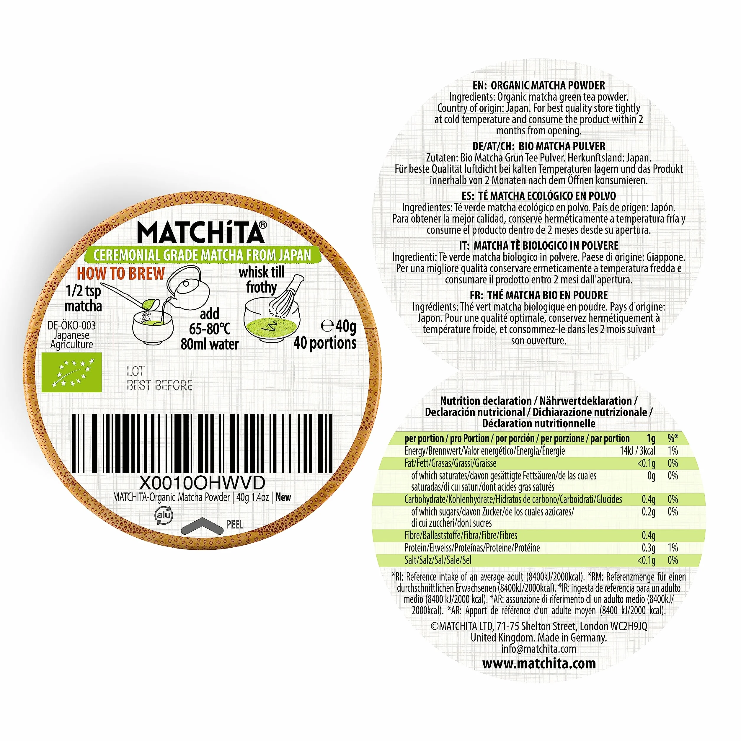 MATCHITA Polvere di Tè Verde Matcha Biologica Giapponese Grado Cerimoniale (40g) – Ricco, Cremoso: Per Bevande Calde e Fredde – Accresci la Tua Energia e il Sistema Immunitario