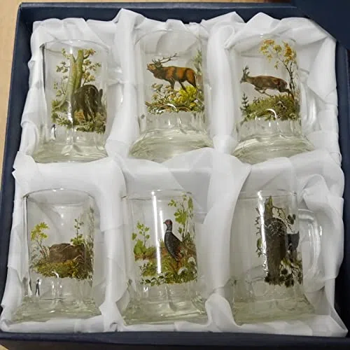 6 teiliges Schnaps Krügle Krügerl Gläser Set mit farbigen Jagdmotiv - 2 cl -