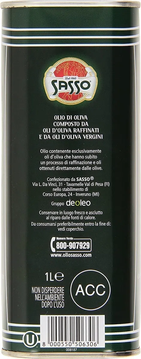 Sasso Olio d'Oliva, Composto da Oli d'Oliva Raffinati e Vergini, 2 x 1 Litro, Prodotto Italiano, + portachiavi italy shop service