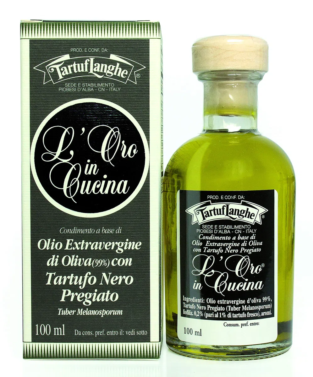 Tartuflanghe - ORO IN CUCINA: OLIO EXTRAV.d'OLIVA con TARTUFO NERO PREGIATO (Tuber melanosporum) in fette 100ml