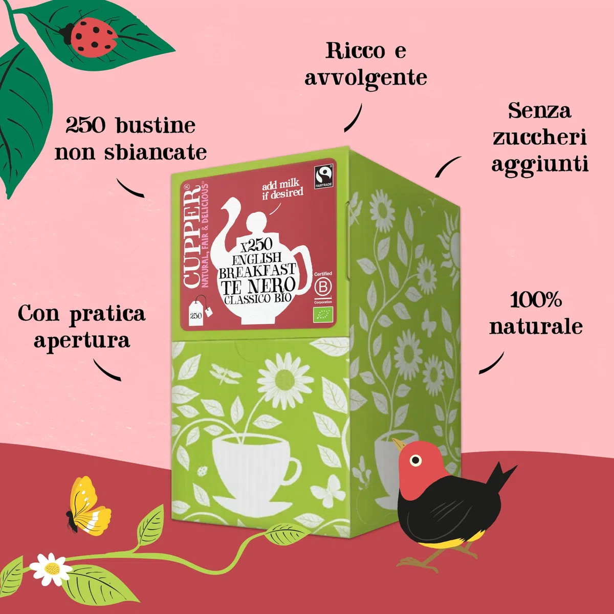 CUPPER Tè Classico English Breakfast Bio, Biologico e Fairtrade, Formato Convenienza per Casa, Ufficio e Catering, con Filtri 100% Biodegradabili e Non Sbiancati, Confezione Maxi da 250 Bustine | Tè nero potente, privo di plastica e non sbiancato, perfett