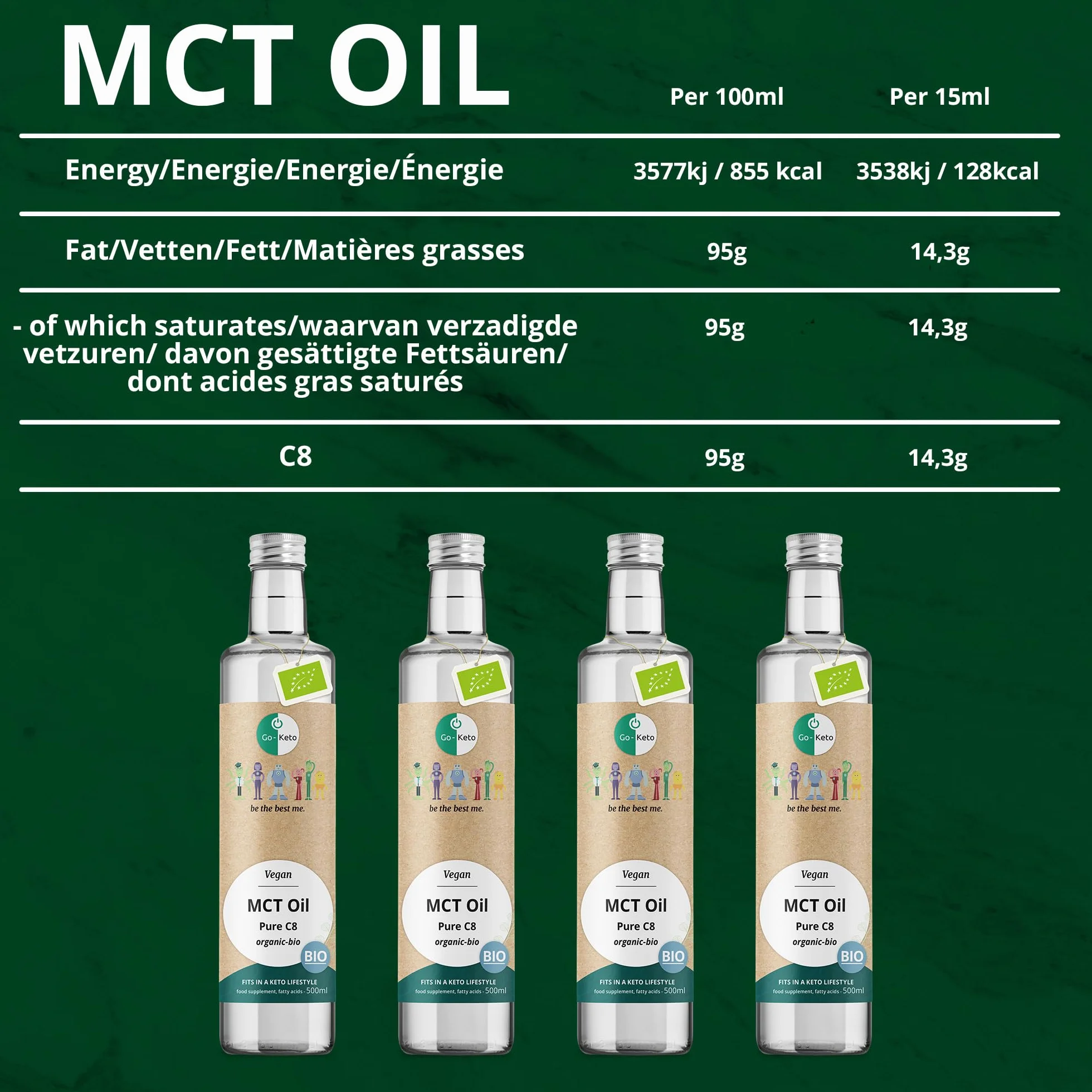 Go-Keto BIO MCT Oil C8, 500ml | Olio MCT C8, 100% olio di cocco biologico, senza olio di palma | perfetto per dieta chetogenica | crema di caffè cheto per caffè o frullato cheto | Paleo, vegano
