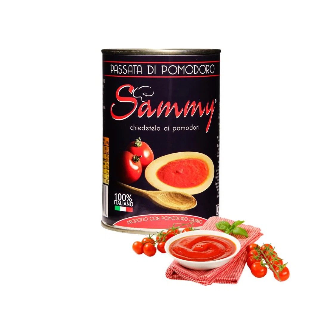SAMMY - Passata di Pomodoro, Ideale per Sughi e Piatti Gourmet, 100% Filiera Italiana, Gusto Dolce e Intenso, 24 Pezzi in Latta da 400gr