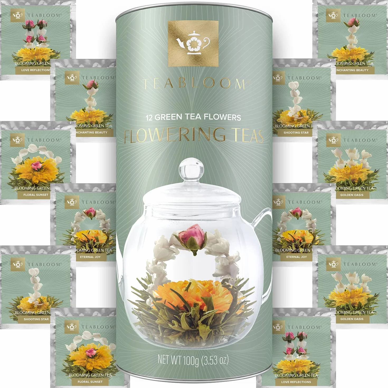 Teabloom Tè in Fiore – 12 Pregiate Varietà di Fiori di Tè – Foglie di Tè Verde e Fiori Commestibili Intrecciati a Mano – Elegante Confezione Regalo da 12 Pezzi