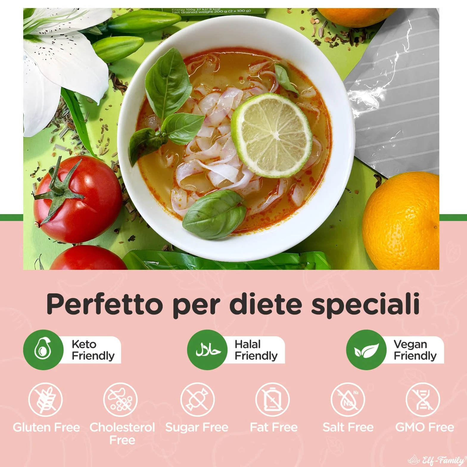 Elf-Family Premium 5+1 Mix Pasta di Konjac Shirataki 9kcal Low Carb, Keto, Vegan, Diet -Spaghetti/Glass Noodle/Fettuccine/Riso/Penne/Udon
