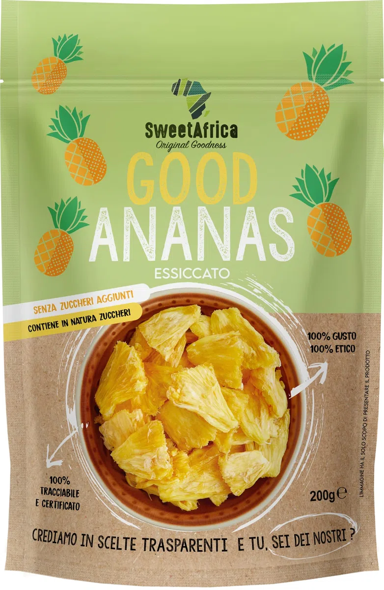 SweetAfrica - Good Ananas - Ananas essiccato a fette, senza zuccheri aggiunti, snack alla frutta essiccata - 200g x 6pz