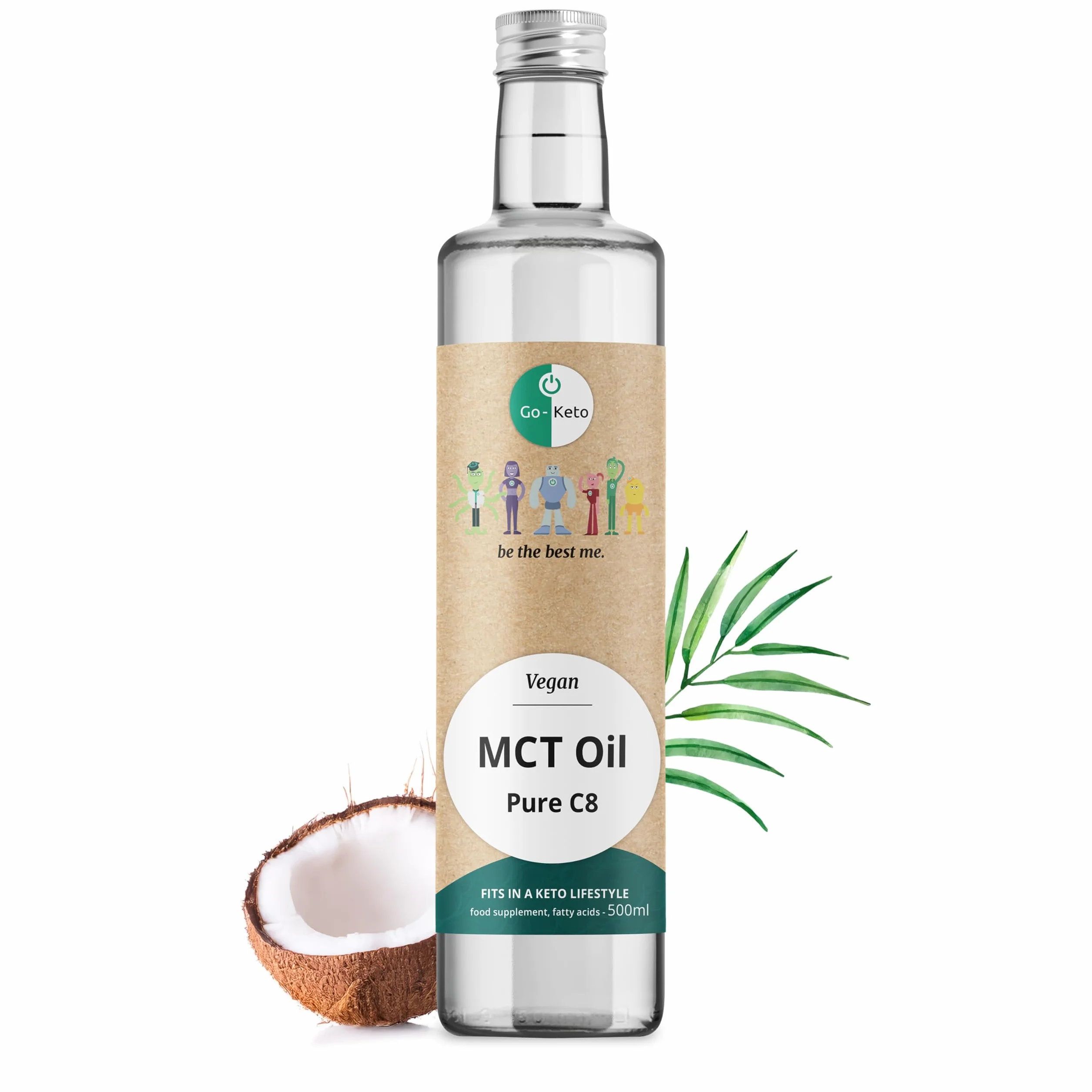 Go-Keto MCT Oil C8, 500ml | Olio MCT C8, 100% olio di cocco, senza olio di palma | perfetto per dieta chetogenica | crema di caffè cheto, per bulletproof coffee o frullato cheto | vegano
