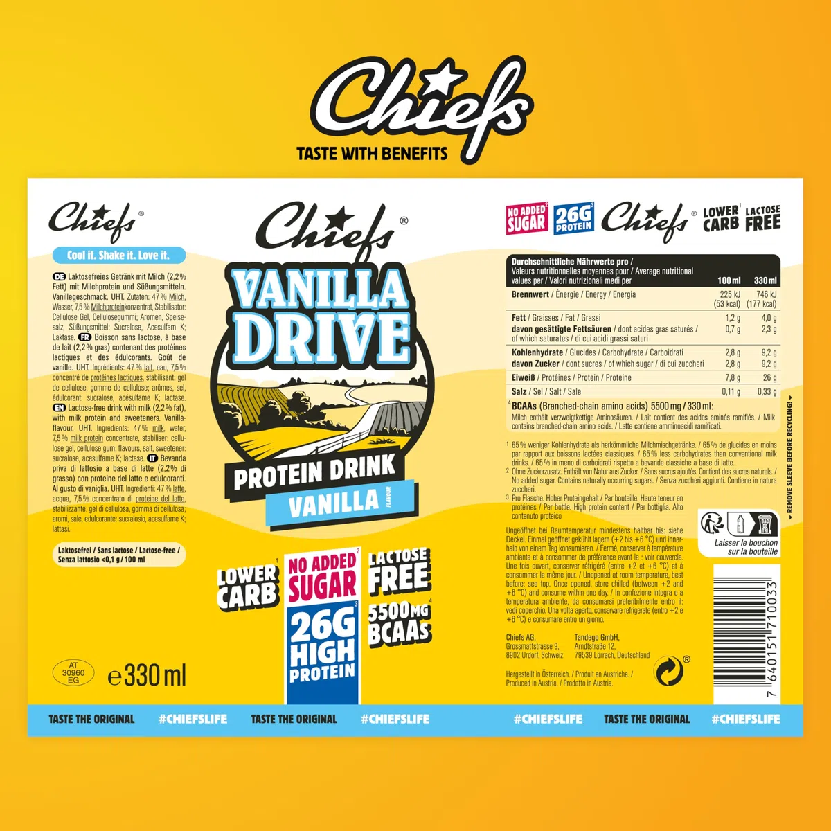 Chiefs Drink 26g di proteine, Bevanda Proteica al gusto Vaniglia, Senza Lattosio, Senza Grassi e Zuccheri Aggiunti (8 confezioni x 330ml)