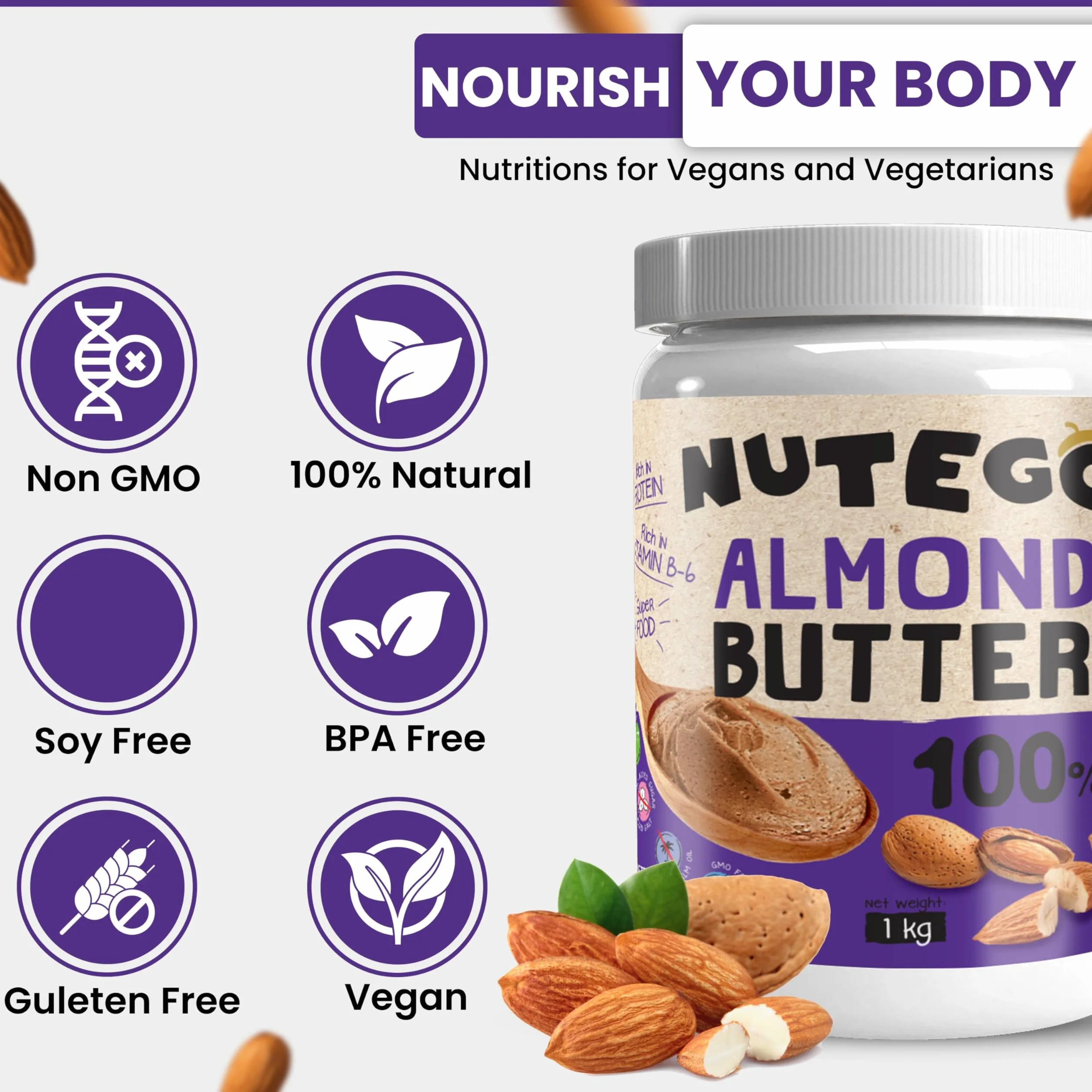 Nutego Burro di Mandorle Cremoso 100% - 1kg Senza Zuccheri - Crema Proteica Spalmabile - Almond Butter Senza Sale, Palmfett e Altri Additivi