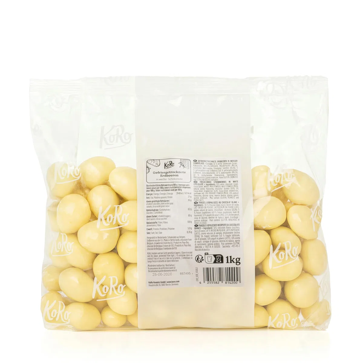 KoRo - Fragole liofilizzate al cioccolato bianco 1 kg - Il cioccolato incontra la frutta - Spuntino ideale - Croccanti e golose