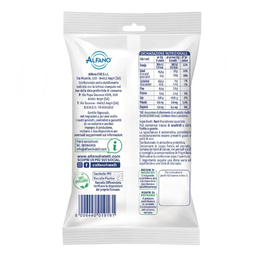 Alfano dal 1940 Noci Macadamia Sgusciate Snack & Go 20 Pacchetti Monoporzione da 30g Frutta Secca Ricca di Magnesio e Fonte di Potassio