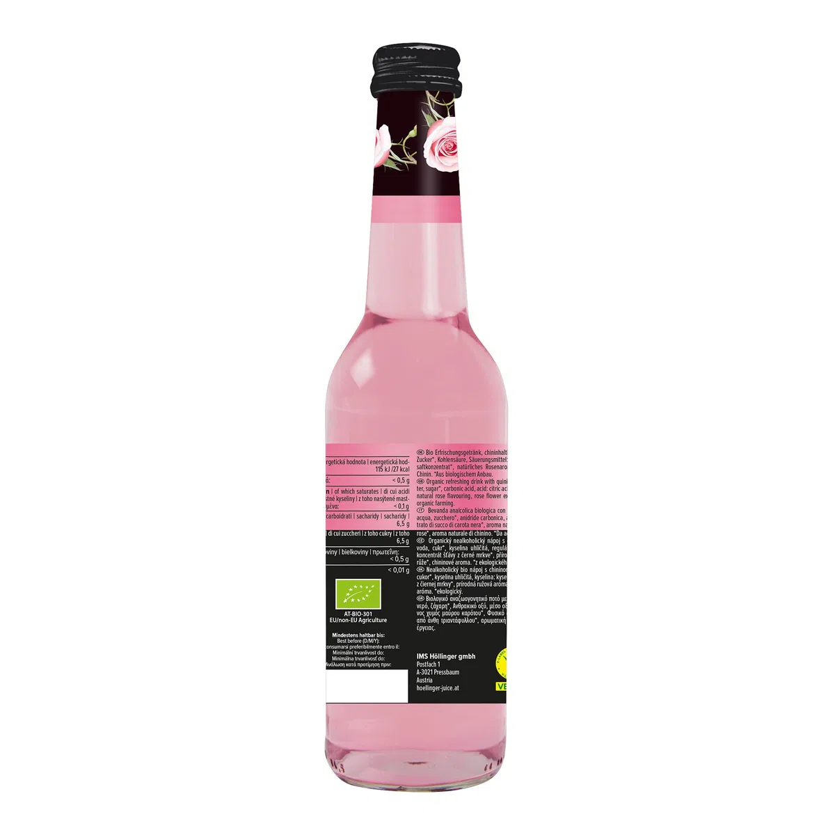 Höllinger Rose Tonic Bio, Bevanda Analcolica Frizzante, Bottiglia di Vetro, Confezione da 12 x 330ml, Fiori Spumeggianti