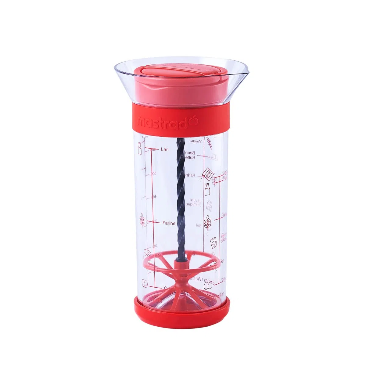 MASTRAD - Twist'n'Mix - Miscelatore per impasti liquidi (frittelle, cialde, pancakes) senza nessun altro materiale - Metodo garantito senza grumi - Facile da usare - 700 ml - Rosso - F38610