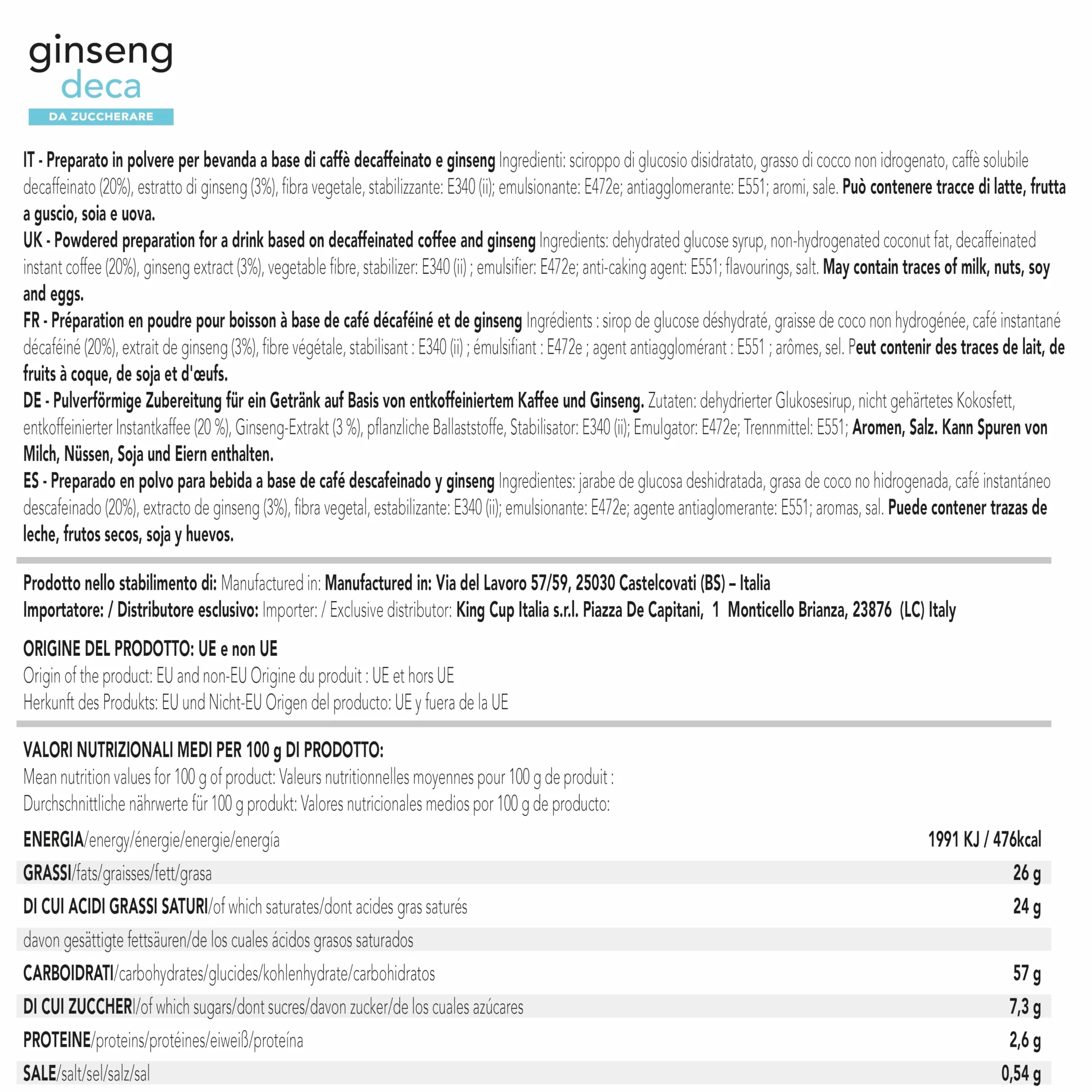 King Cup - 5 Confezioni da 10 Bustine Solubili di Ginseng Deca da Zuccherare, 50 Stick da 6 Gr di Ginseng Decaffeinato da Aggiungere a 60 Ml di Acqua Calda, Senza Glutine e Senza Lattosio