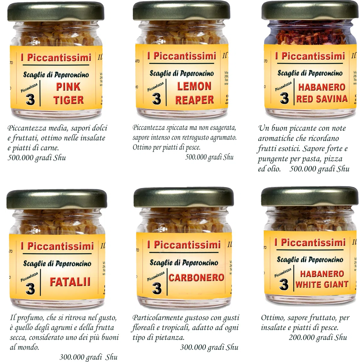 I Piccantissimi - Set 3 Vasetti a Scelta fra oltre 40 gusti di Peperoncino Piccante artigianale - Confezione Personalizzabile.
