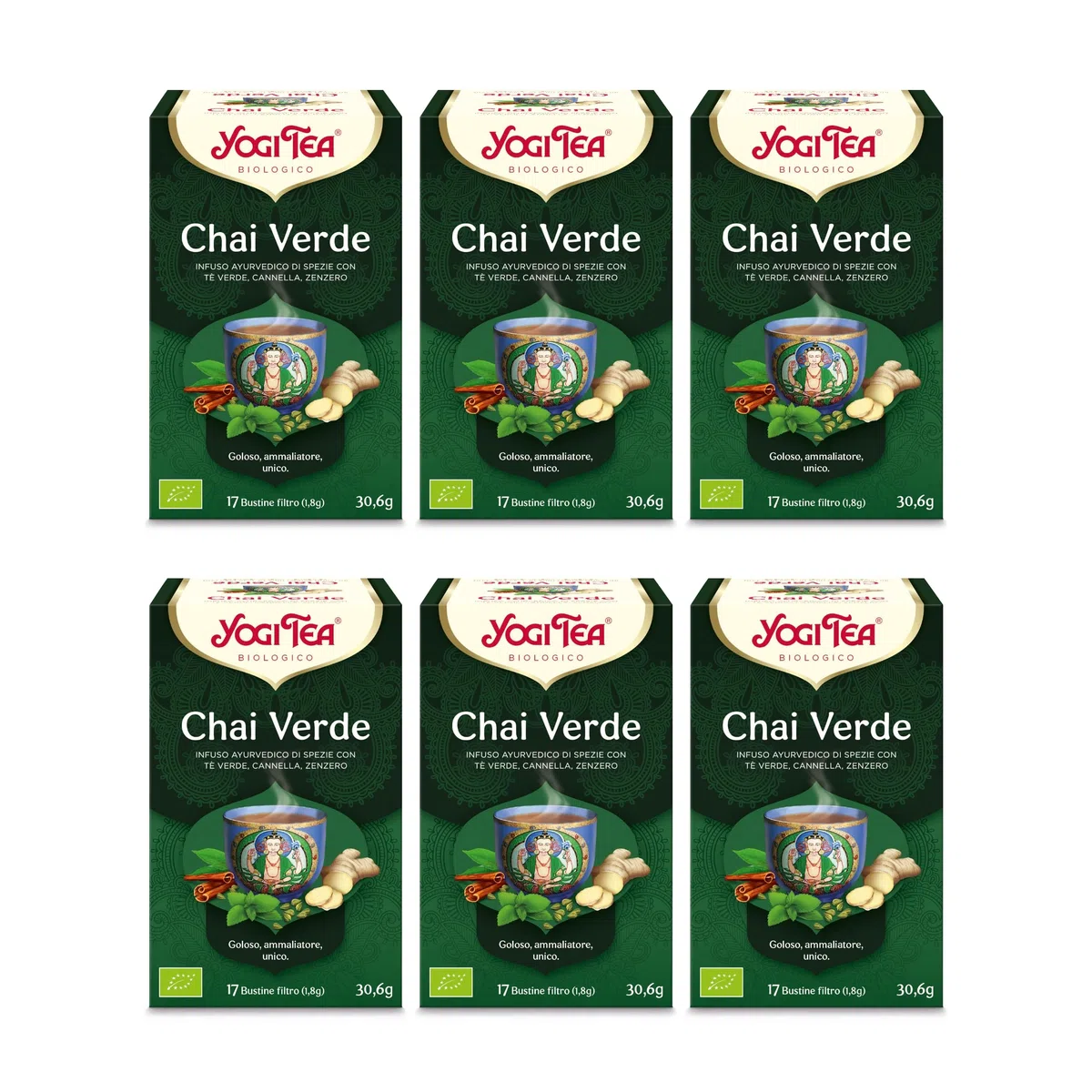 Yogi Tea Chai Verde Bio - Infuso Ayurvedico - Miscela di Tè Verde, Cannella e Zenzero - Confezione da 6x17 bustine (102 bustine in totale)