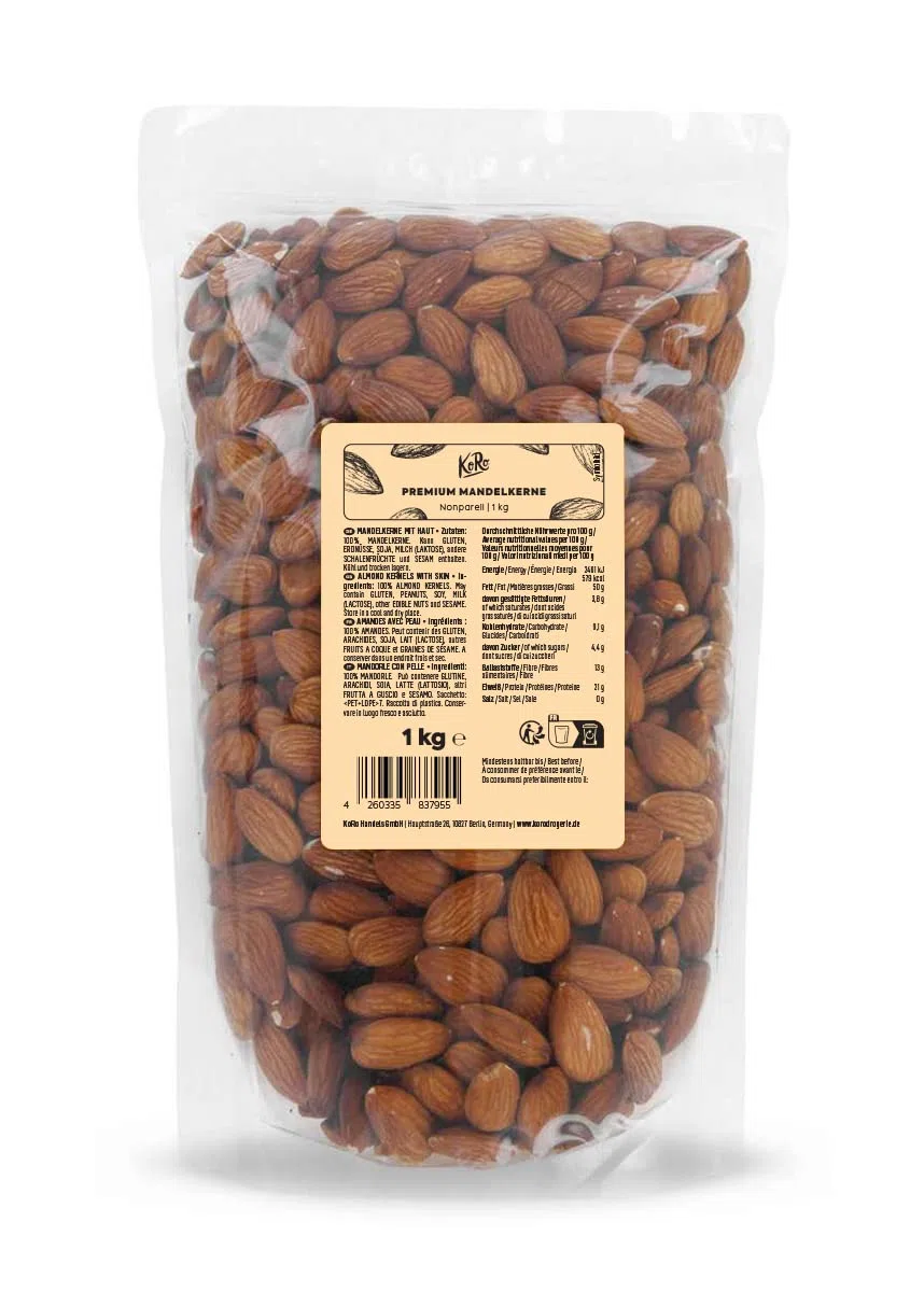KoRo - Mandorle Premium 1 kg - Mandorle con buccia - Al naturale - Varietà nonpareil - Ideale per cucinare o come snack