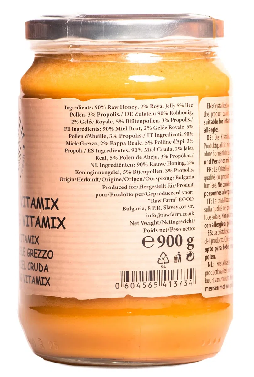Raw Farm - Miele 900g - con Propoli, Polline, Gelée Royale, Cera d’Api - 100% Naturale