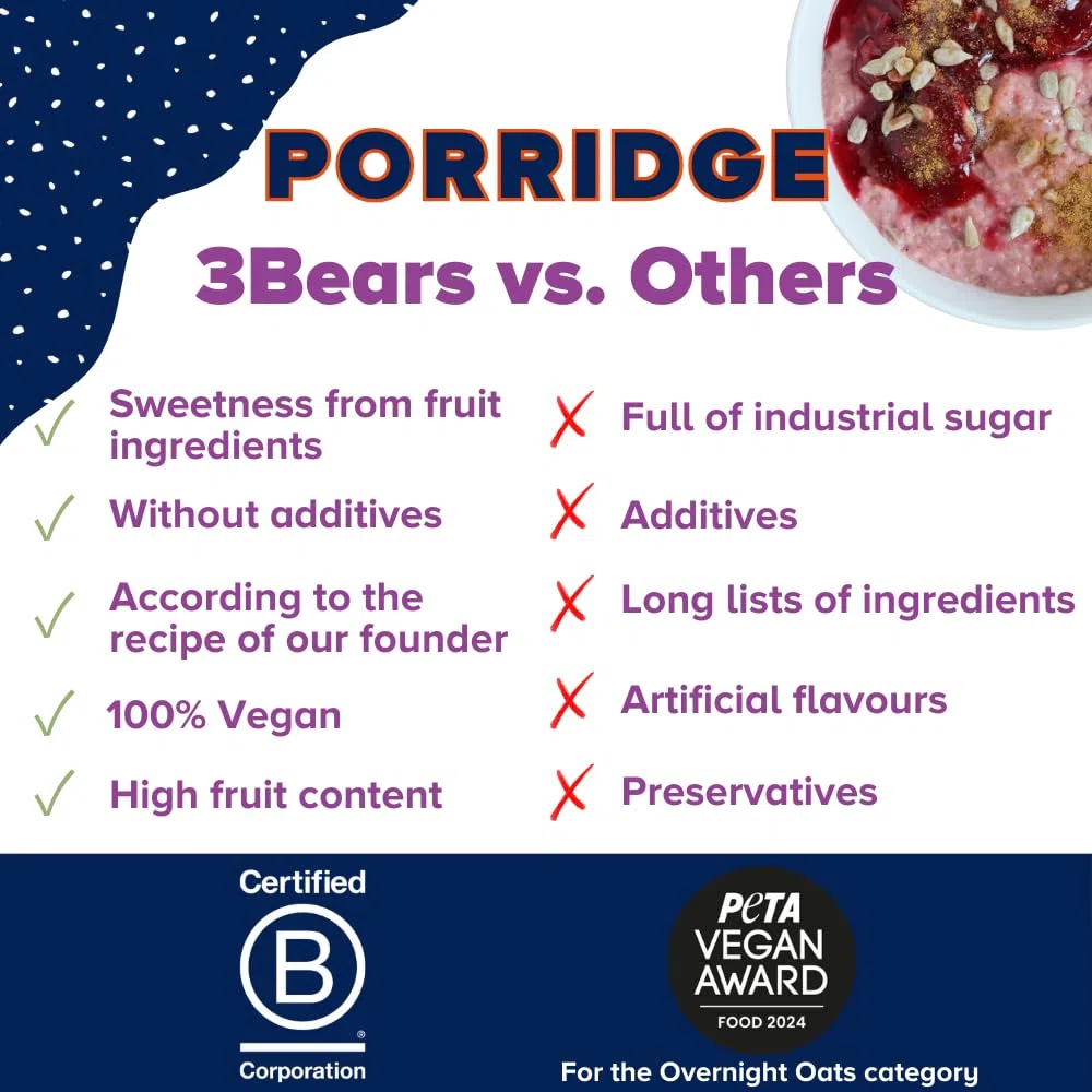 3Bears Porridge Cacao – pacchetto con 4 confezioni (4 x 400g). Con chicchi di cacao e senza zuccheri aggiuntivi. Fiocchi d’avena naturali per colazione