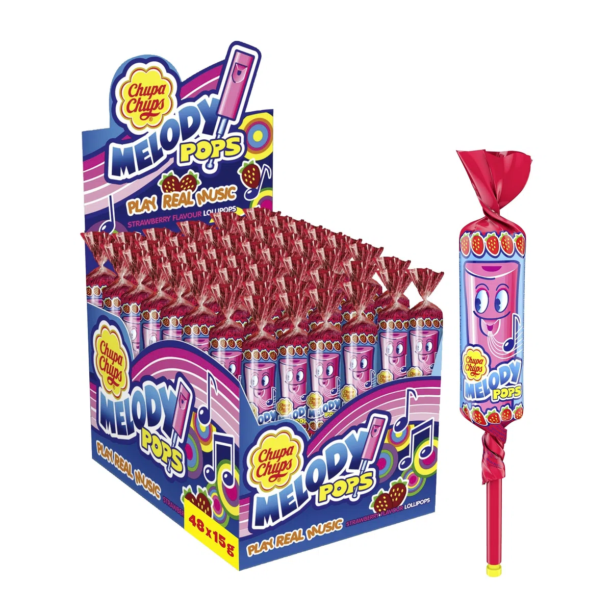 Chupa Chups Melody Pops, Lollipop Fischietto, Gusto Fragola, Confezione da 48 Lecca Lecca Monoporzioni, Ideale per ogni Occasione, da Condividere con Amici o da portare sempre con te