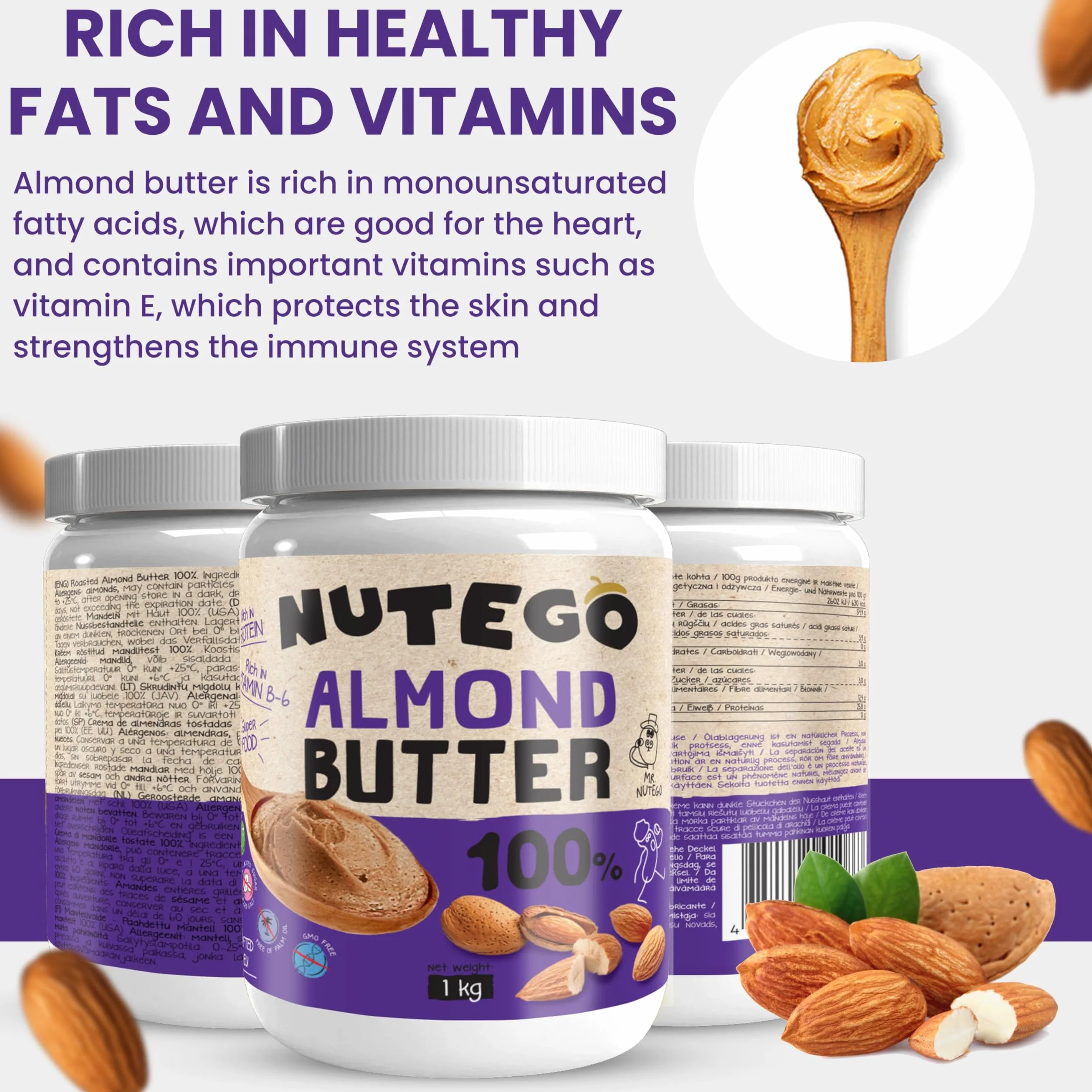 Nutego Burro di Mandorle Cremoso 100% - 1kg Senza Zuccheri - Crema Proteica Spalmabile - Almond Butter Senza Sale, Palmfett e Altri Additivi
