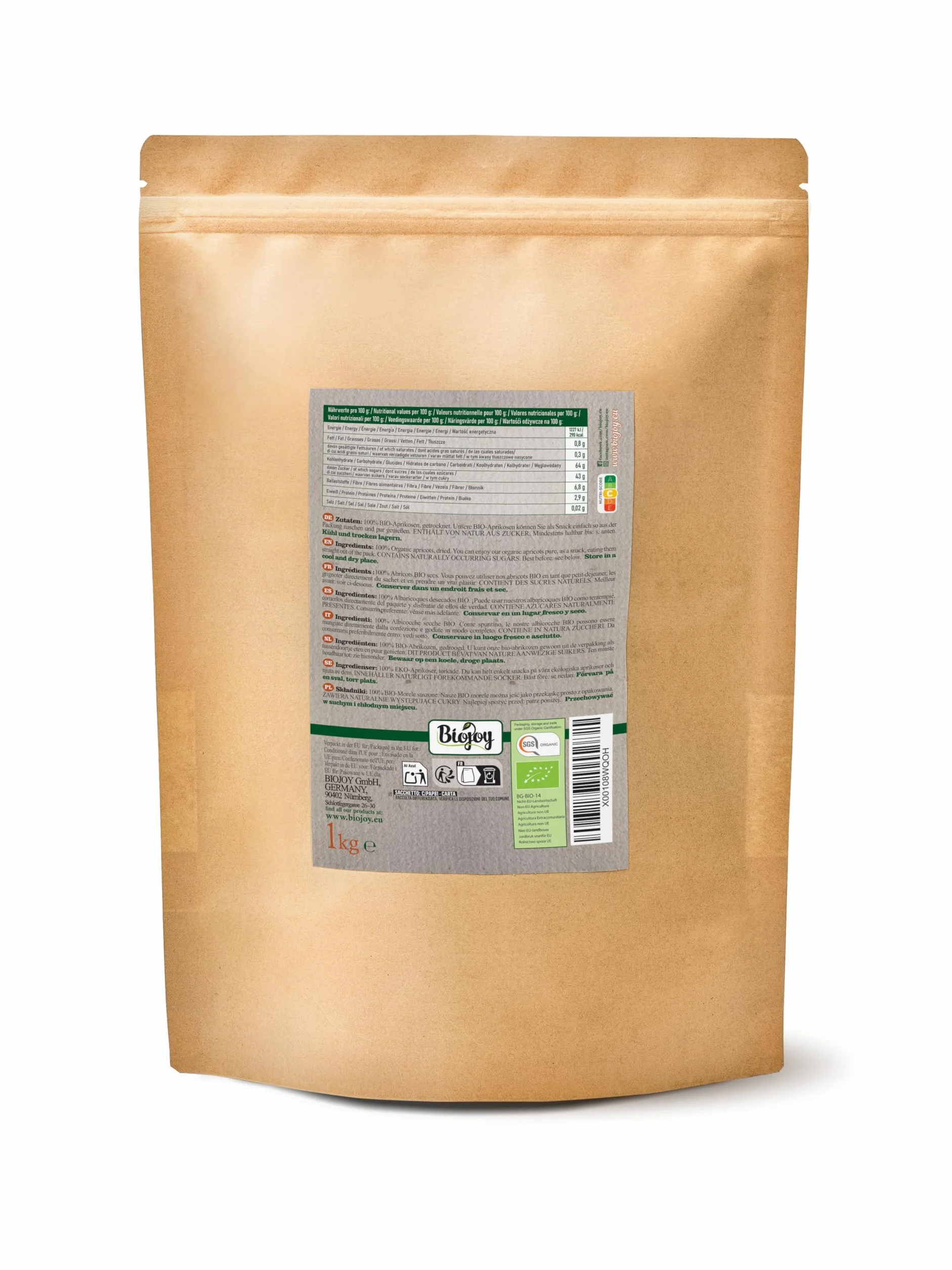 Biojoy Albicocche secche BIO (1 kg), senza zucchero aggiuntо e senza solfiti