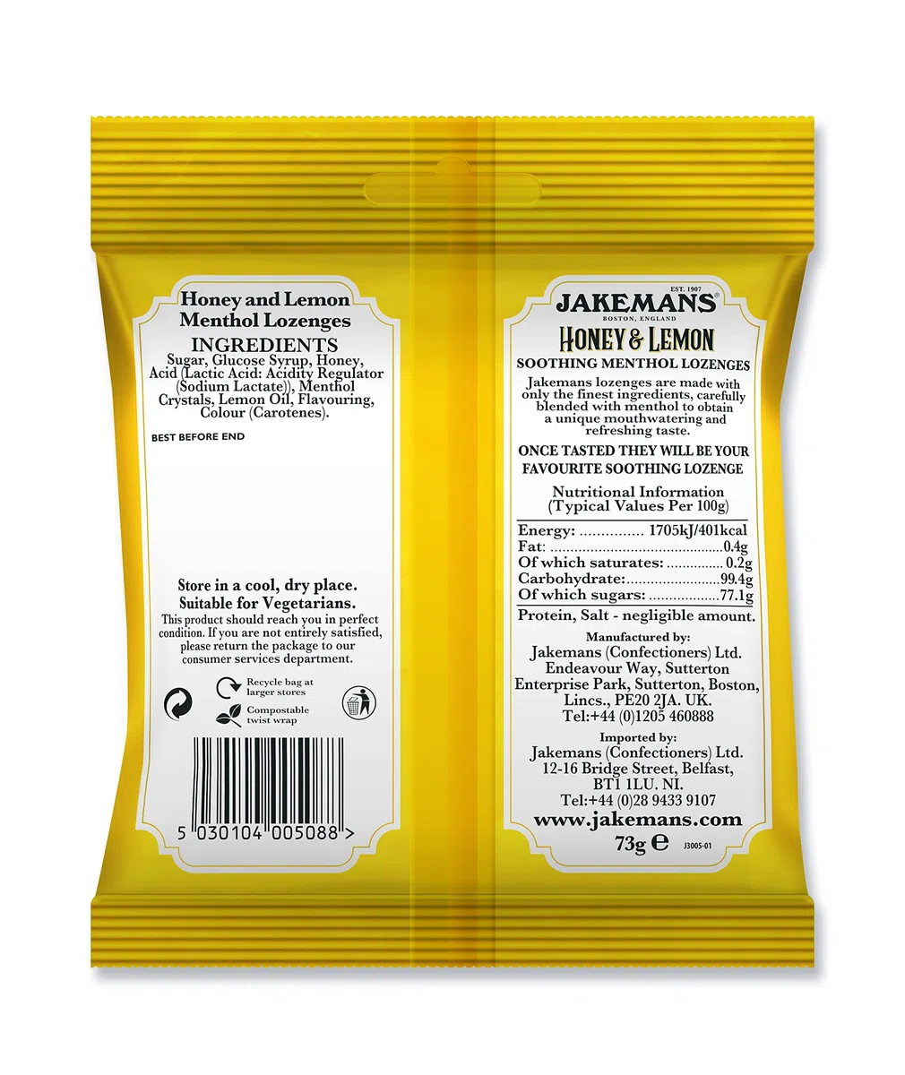 Jakemans Miele e limone 73g – Confezione da 12 – Dolci lenitivi al mentolo – Adatto per vegetariani