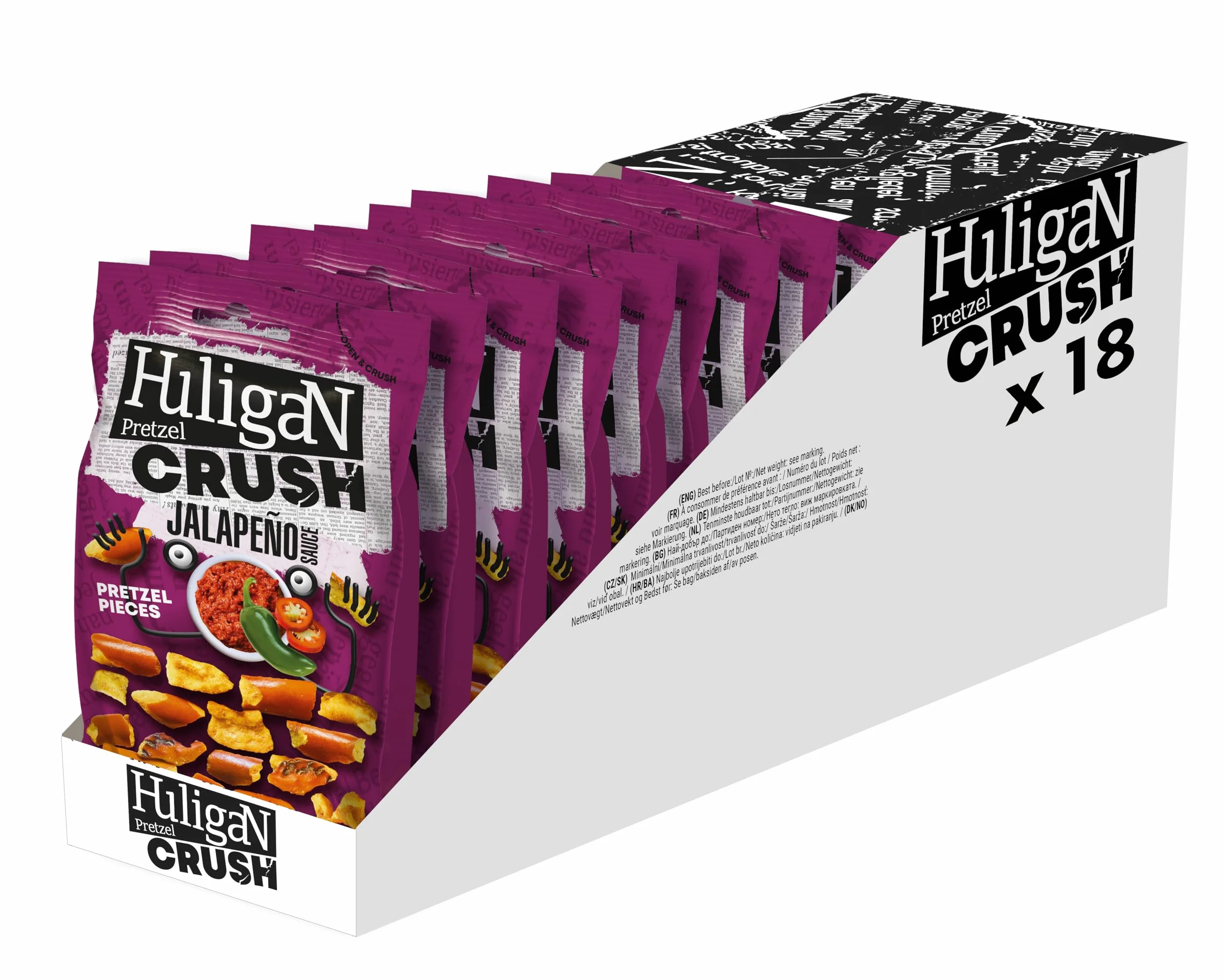 Huligan Jalapeno Pretzels Crush (confezione da 18 x 65 g) – Pretzel al forno sottili snack salati sfusi salutari snack vegetariani scatola Jalepenos patatine multipack (confezione da 18)