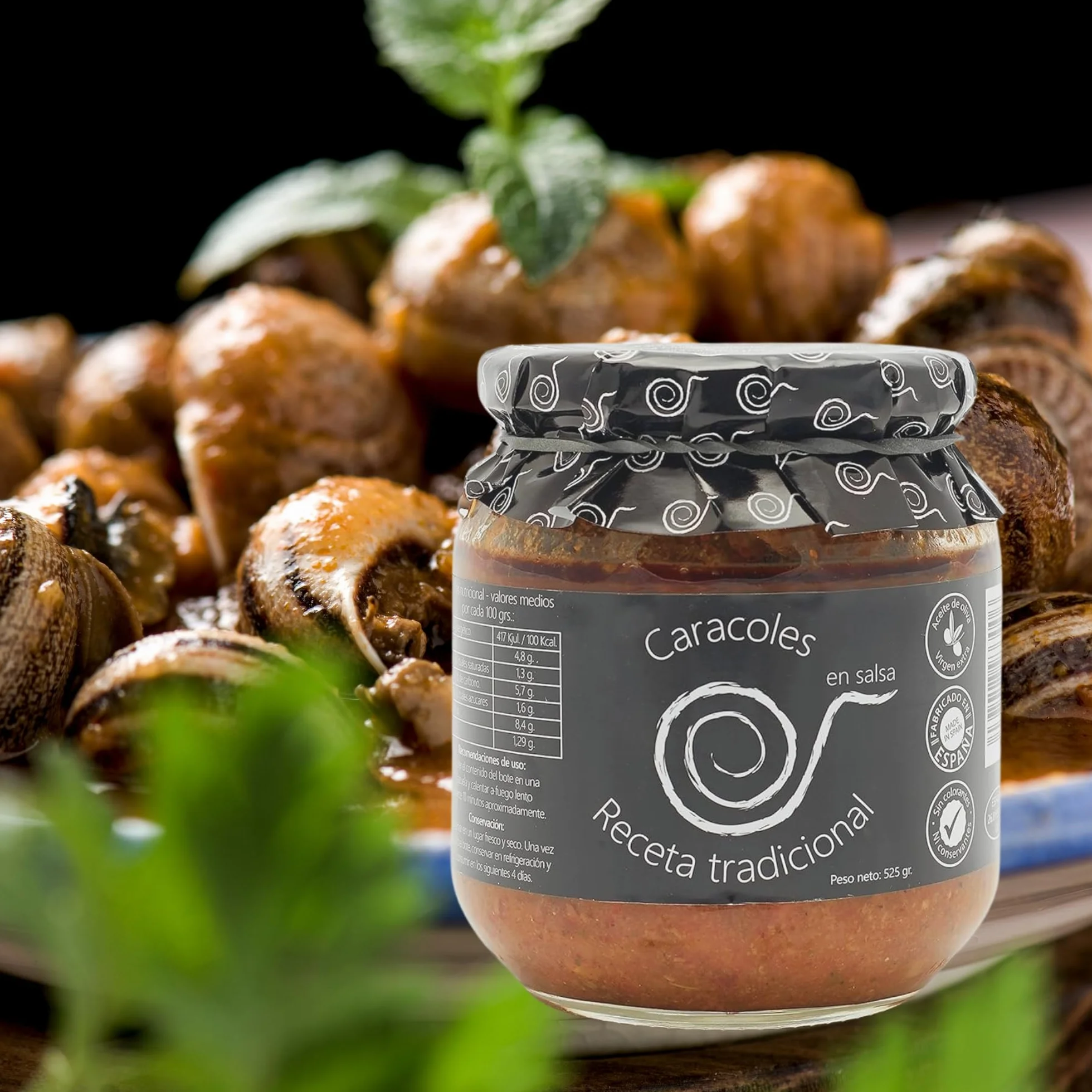 Lumache da mangiare. Lumache in salsa. Lumache cotte 550gr. Ricetta familiare, casalinga e artigianale. Conserve gastronomiche. Regalo originale per tutti. Prodotto 100% fabbricato in Spagna.