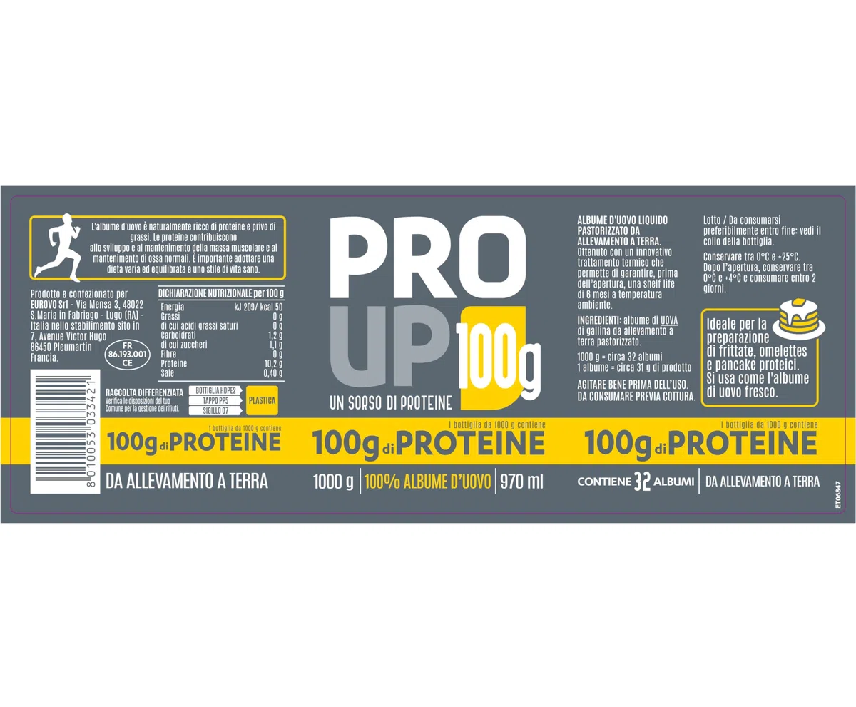 PRO UP, Albume d'uovo, 100g di proteine a bottiglia. Ideale per frittate e pancake fit, omelette, smoothie e porridge proteici. Ottenuto da galline allevate a terra. (6 bottiglie)