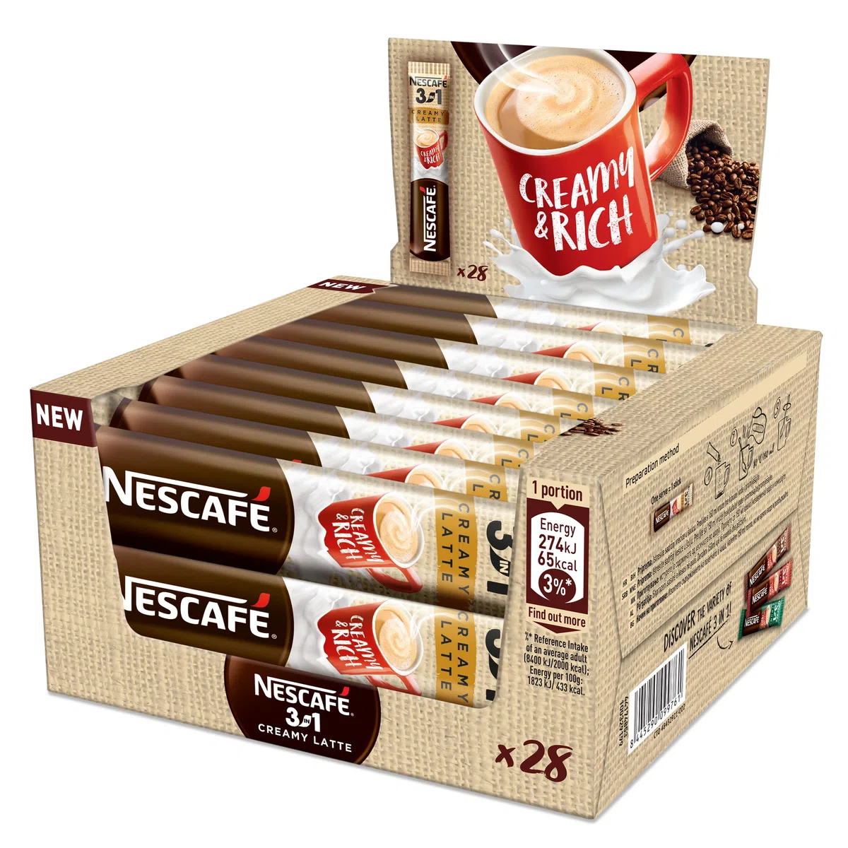 Nescafe 3in1 Creamy 60 Sacchetti (18 g / Sacchetto) Prodotto In Ue Lunga Data Di Scadenza Stock Fresco