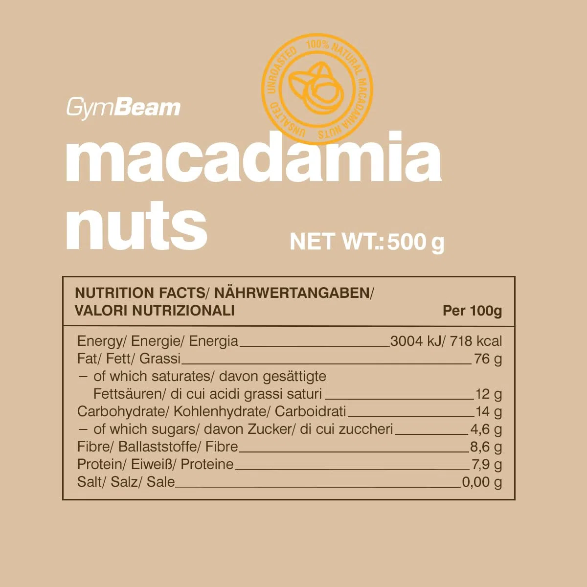 GymBeam Noci di Macadamia Intere 500g, Noci di Macadamia Non Salate dal Sapore Burroso e Croccante, Ricche di Grassi Sani, Prive di Additivi, Ideali per Vegani, Snack Salutare